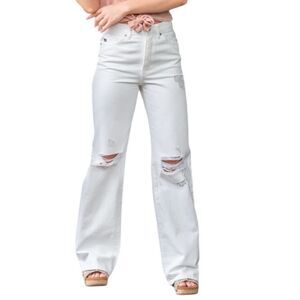 KANCAN Penelope 90s High Rise Button Fly Flare White Distressed Denim Jeans